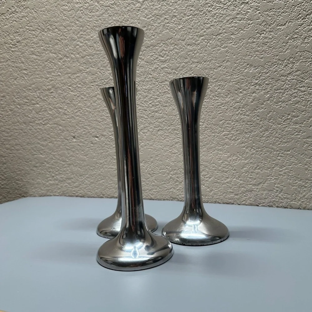 Pottery Barn Set of Three Egg Silver Tone Metal Taper Candle Holders
